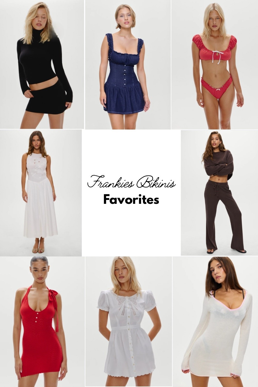 Some cute stuff on Frankie’s Bikinis! 🫶🏼🫶🏼 denim mini dress, polka dot bikini, red mini dress, white midi dress, turtleneck, swimsuit coverup 