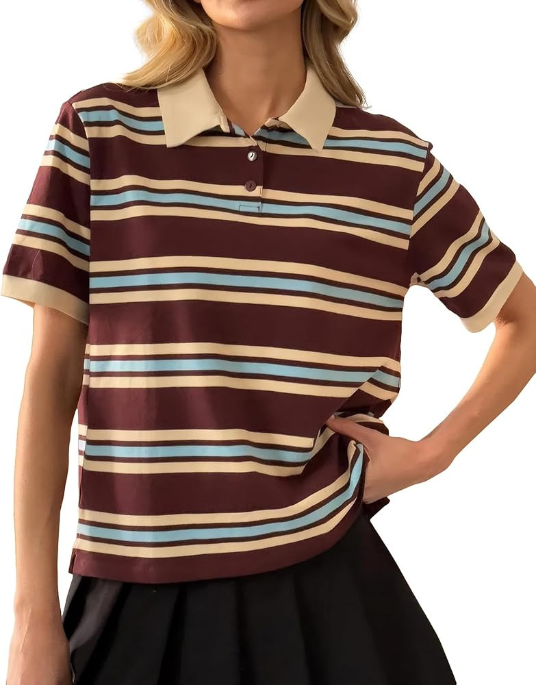 Cioatin Women Y2K Striped Colorblock Button Up Polo T-Shirt Short Sleeve Loose Fit Preppy Aesthet... | Amazon (US)