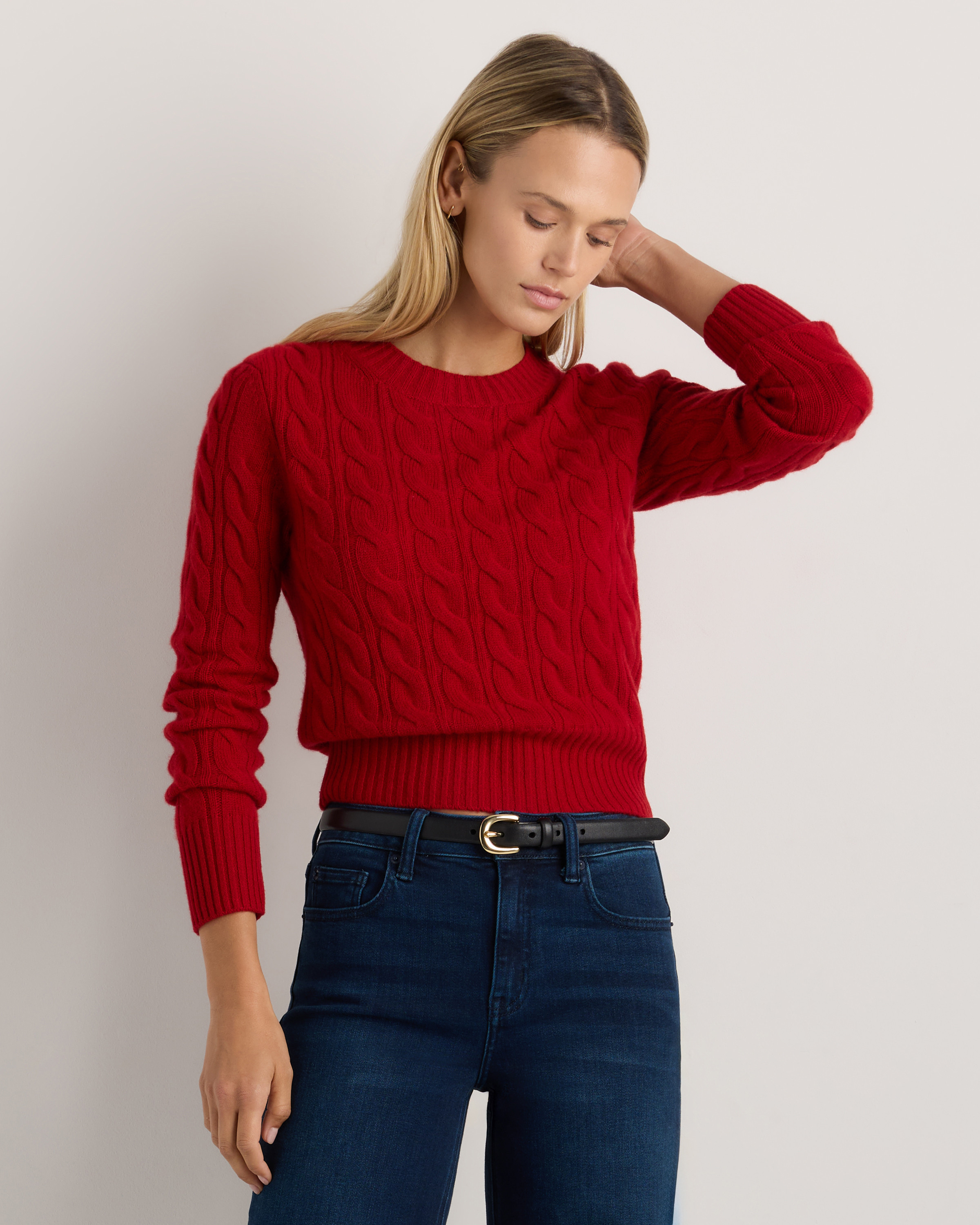 Quince | Women's Mongolian Cashmere Shrunken Cable Crewneck Sweater in Varsity Red, Size XL | Quince