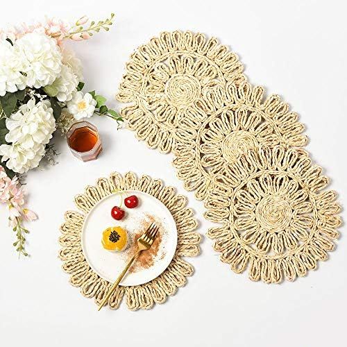 IcosaMro Round Woven Placemats for Dining Table Set of 4 Natural Braided Rattan Tablemat Hollow W... | Amazon (US)