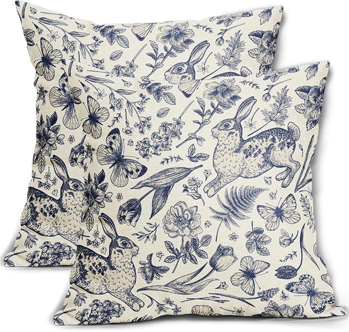 Spring Navy Blue Easter Pillow Covers 18x18 Inch Set of 2 Rabbit Bunny Floral Leaf Butterfly Bota... | Amazon (US)