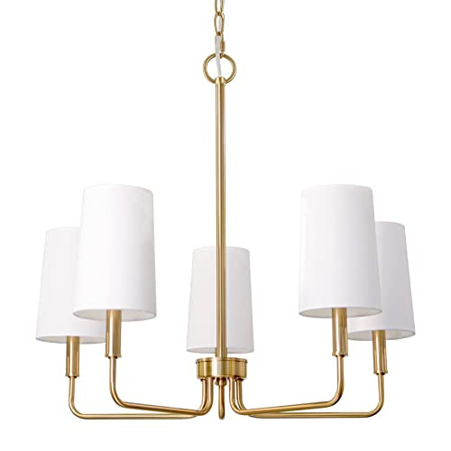 Chandelier, Brushed Brass with White Fabric Shade, Farmhouse Linear Island Lighting Fixture for K... | Amazon (US)
