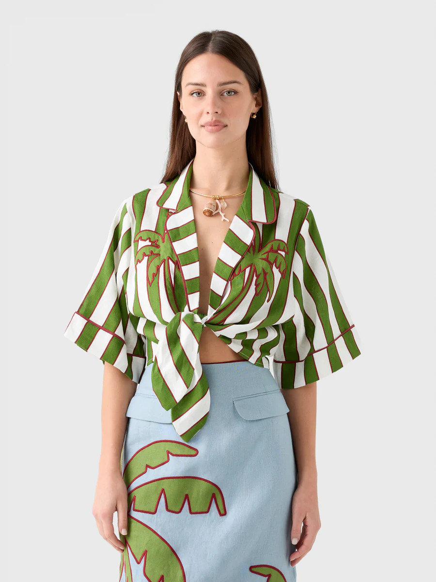 Farm Rio Women's Spring Stripes Embroidered Linen Crop Top | Saint Bernard