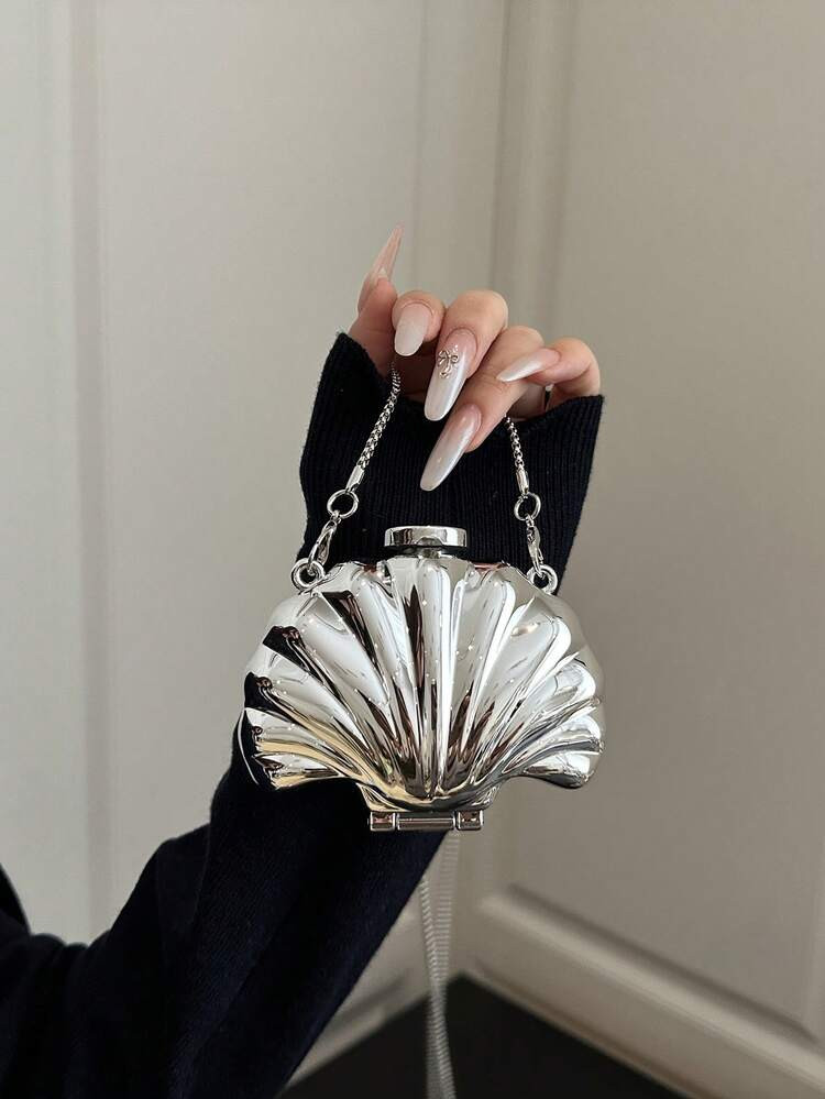 1pc Shell Shaped Decorative Bag, Mini Evening Clutch, Women's Personalized Fashion Chain Lipstick Bag Suitable For Valentine's Day, Party, Date, Shoulder Bag, Coin Purse, Golden Earphone Case, Women's Gift, Hard Case | SHEIN