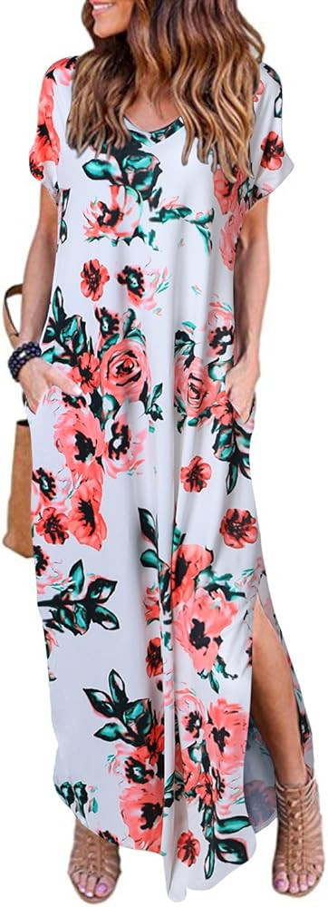 Women's Summer Maxi Dress Casual Loose Pockets Long Dress Short Sleeve Split | Amazon (US)