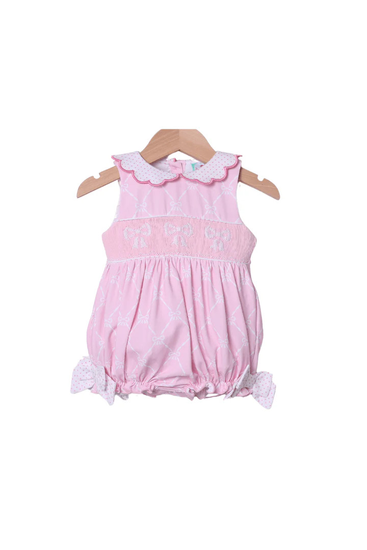 Smocked Bow Pink trellis Knit Bubble | The Smocked Flamingo