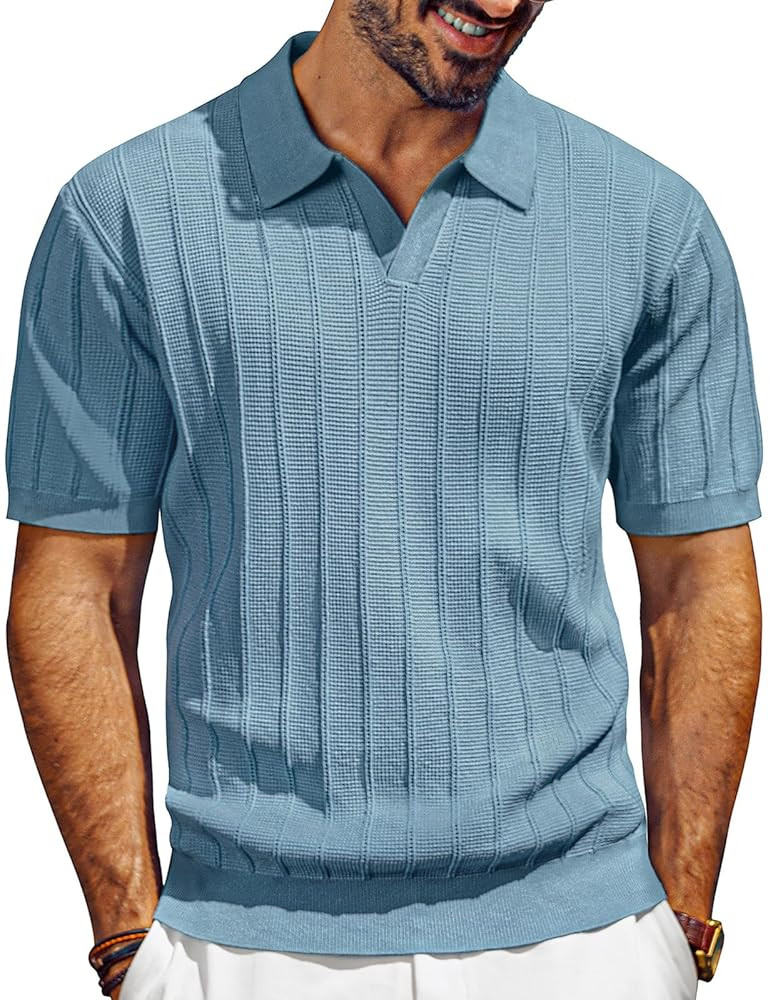 PJ PAUL JONES Mens Polo Shirts V-Neck Knit Polo Textured Summer Shirts | Amazon (US)