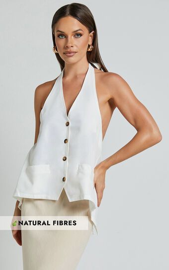 Alonzo Vest - Linen Look Halter Neck Vest with Pockets in White | Showpo (US, UK & Europe)