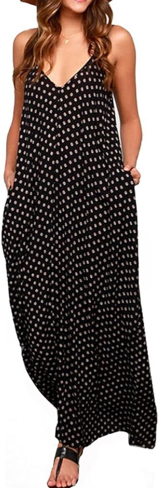Women V-Neck Polka Dot Print Spaghetti Strap Boho Long Maxi Dresses | Amazon (US)