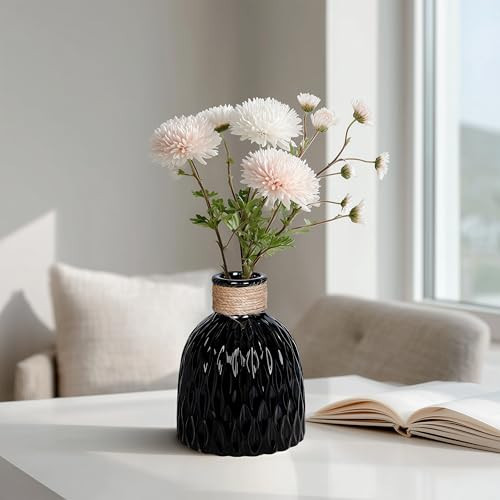Wancetang Black Ceramic Vase for Flowers,Modern Minimalist Vases Home Decor,Textured Decorative Vase Centerpieces for Table, Living,Mantle,Office,Desk, Room Decor 6 Inch | Amazon (US)