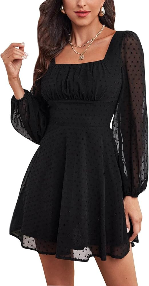 LYANER Women's Polka Dots Square Neck A line Long Sleeve Swiss Dots Mini Dress | Amazon (US)