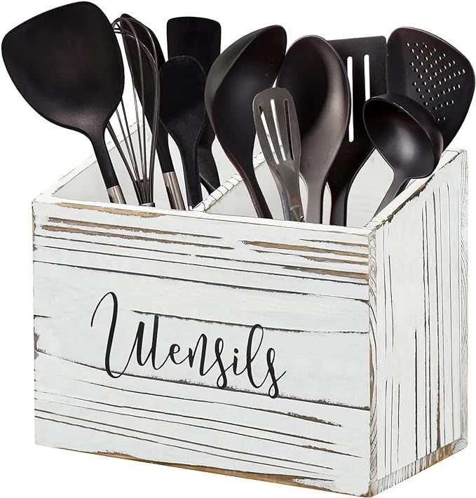 Wood Utensil Holder for Countertop, Farmhouse Kitchen Decor for Flatware, Utensil Caddy with 2 Co... | Amazon (US)