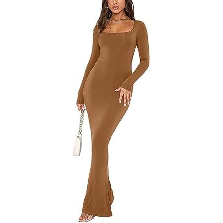 REORIA Women's Sexy Soft Lounge Ribbed Long Dress Elegant Long Sleeve Deep V Neck Bodycon Maxi Dress | Amazon (US)