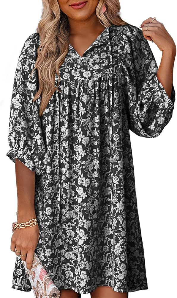 Womens Summer Dresses 2025 Boho Floral Drawstring V Neck Chiffon Lantern Sleeve Beach Vacation Mi... | Amazon (US)