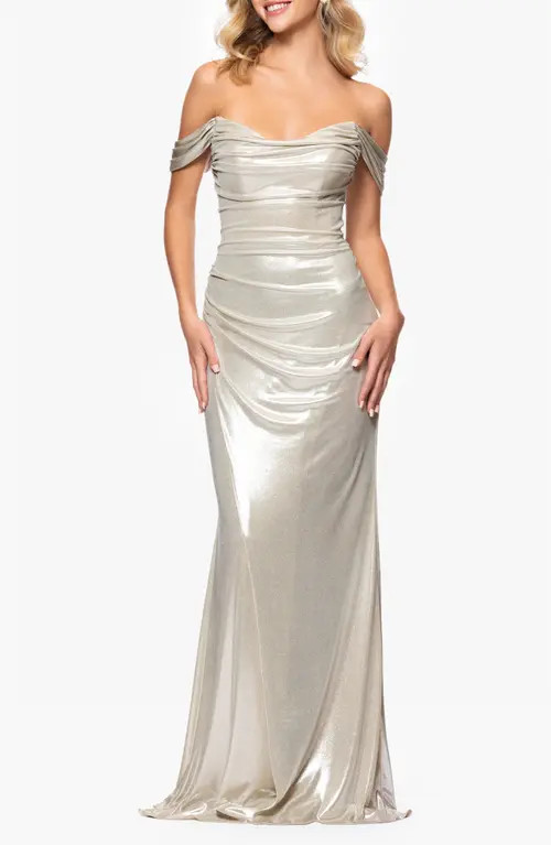 Betsy & Adam Glitter Knit Off the Shoulder Gown in Champagne at Nordstrom, Size 2 | Nordstrom