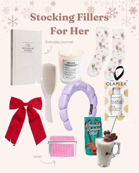 Stocking filler ideas 🫶🏼 

socks, olaplex, headband, journal, hot chocolate, Dior makeup, blush, candle, hairbrush, bow 

#LTKHoliday #LTKSeasonal #LTKGiftGuide