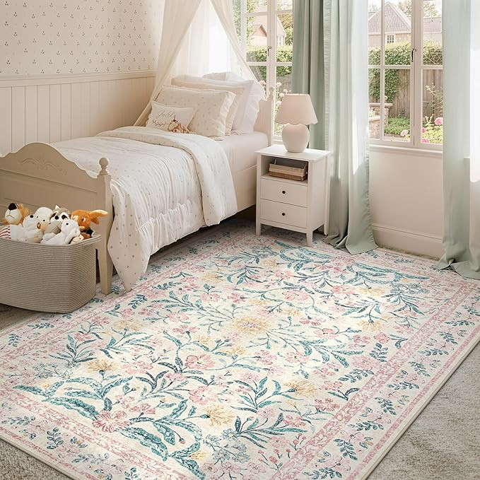 Floral Pink Rugs for Bedroom Girls, Washable 5x7 Area Rug for Nursery Decor, Indoor Soft Low-Pile... | Amazon (US)
