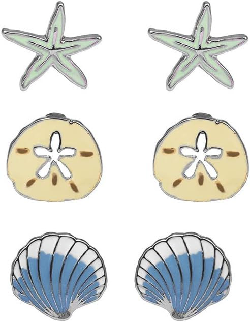 Rosemarie Collections Women's Beach Stud Earrings Set of 3 Starfish Sand Dollar Shell | Amazon (US)