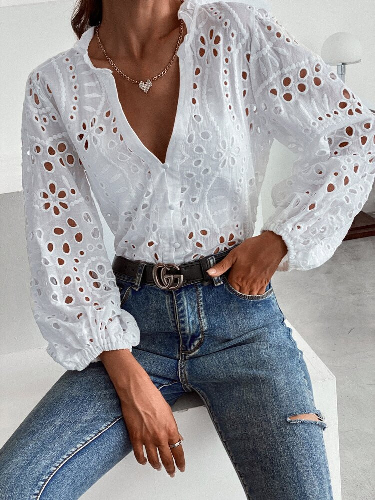 Solid Eyelet Embroidery V-Neck Blouse | SHEIN