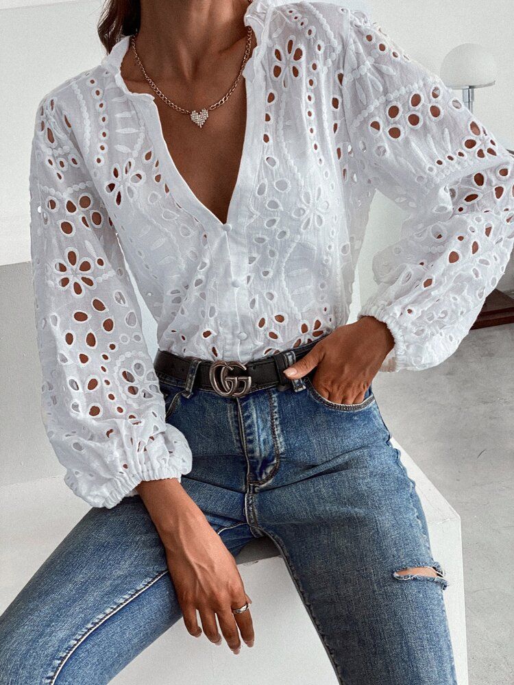 Solid Eyelet Embroidery V-Neck Blouse | SHEIN