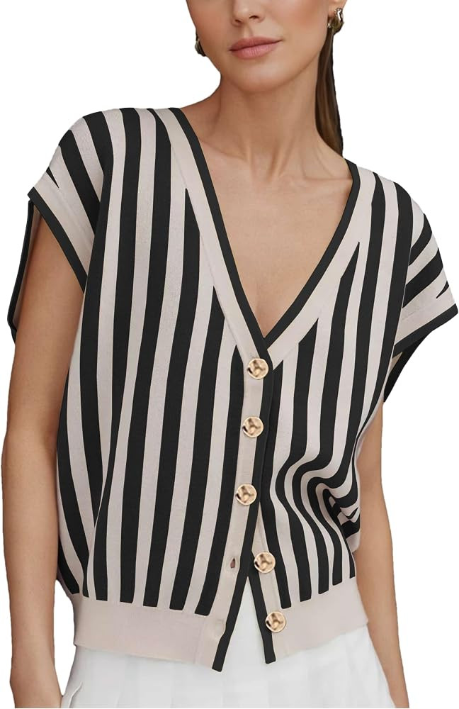 HangNiFang Womens Summer Striped Knit Cardigan Golden Button Sweater Vest | Amazon (US)