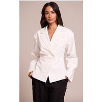 Petite White Linen Look Woven Cinched Waist Blazer | PrettyLittleThing US
