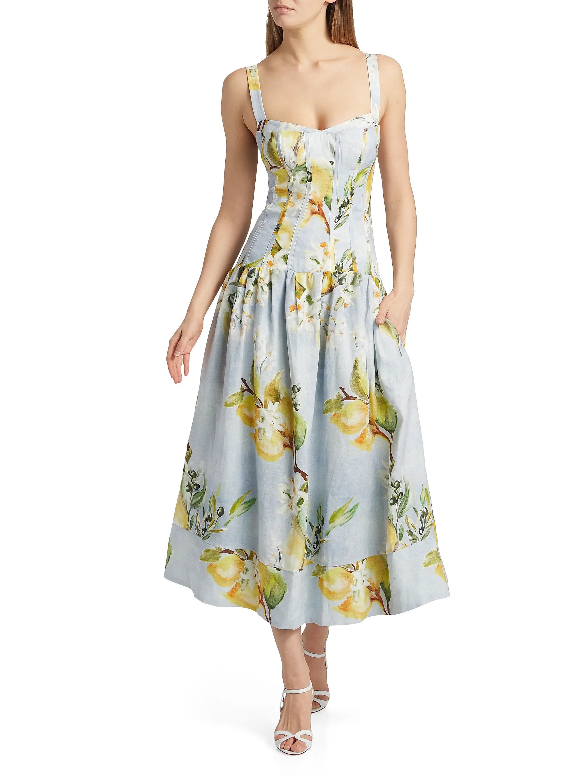 Makenna Floral Linen Drop-Waist Midi-Dress | Saks Fifth Avenue