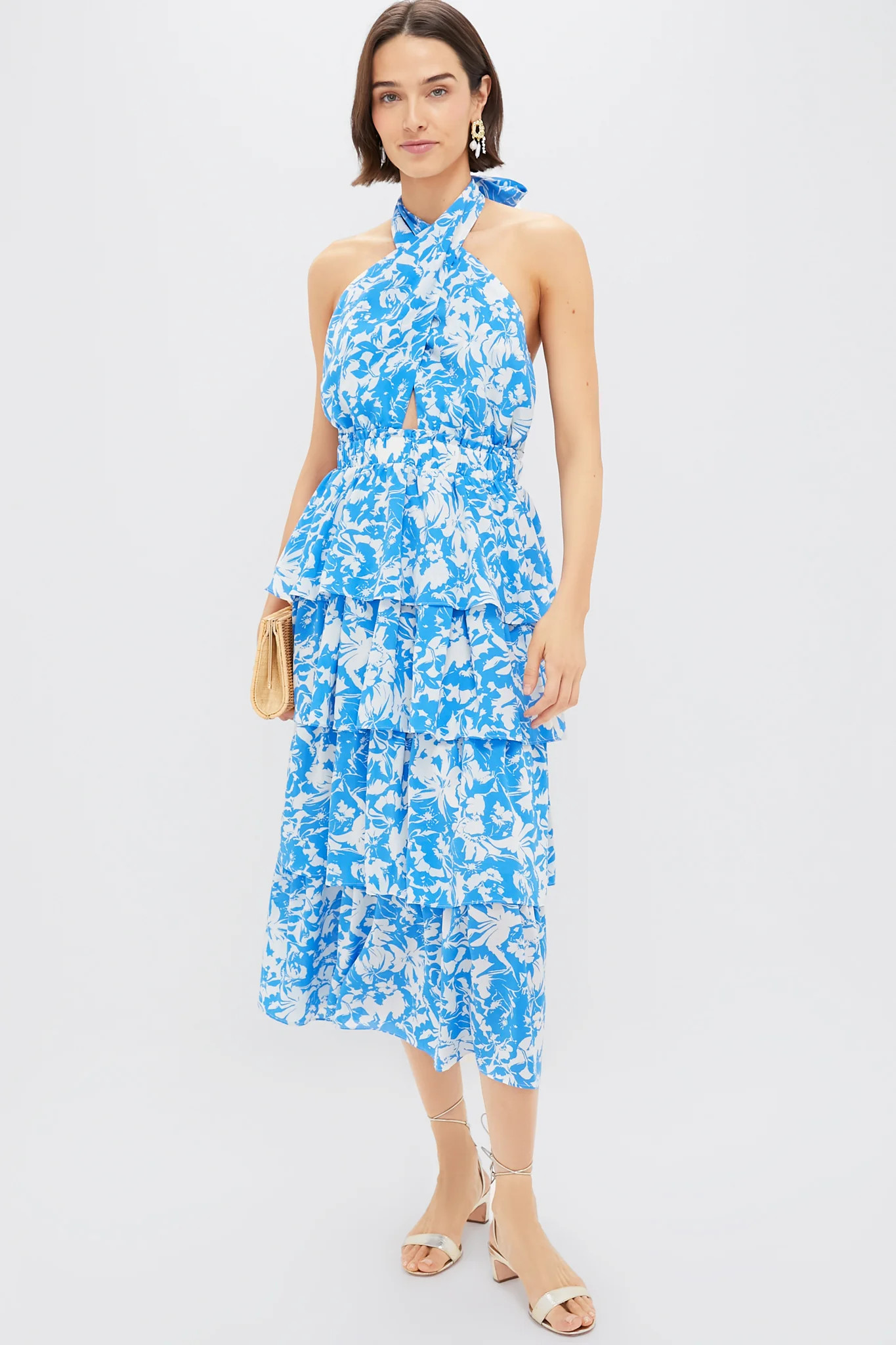 Blue and White Floral Halter Neck Jenny Midi Dress | Tuckernuck (US)