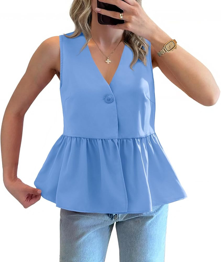 Tankaneo Womens V Neck Babydoll Tank Tops Peplum Ruffle Hem Sleeveless Shirts Summer Casual Butto... | Amazon (US)