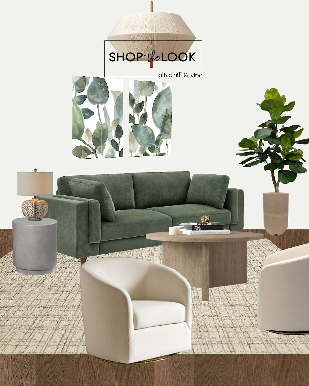 When your living room needs a little drama *and* a lot of style—this curated mix delivers. Sage green corduroy sofa, gold-trim velvet chairs, Scandi wood coffee table, faux fig tree, watercolor art, and a woven rattan lamp tie it all together.  

 

#LTKHome #LTKStyleTip #LTKFamily