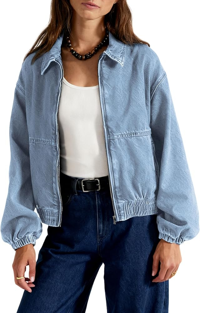 Yeokou Womens Oversized Jean Jacket Zip Up Long Sleeve Casual Denim Coats with Pockets | Amazon (US)