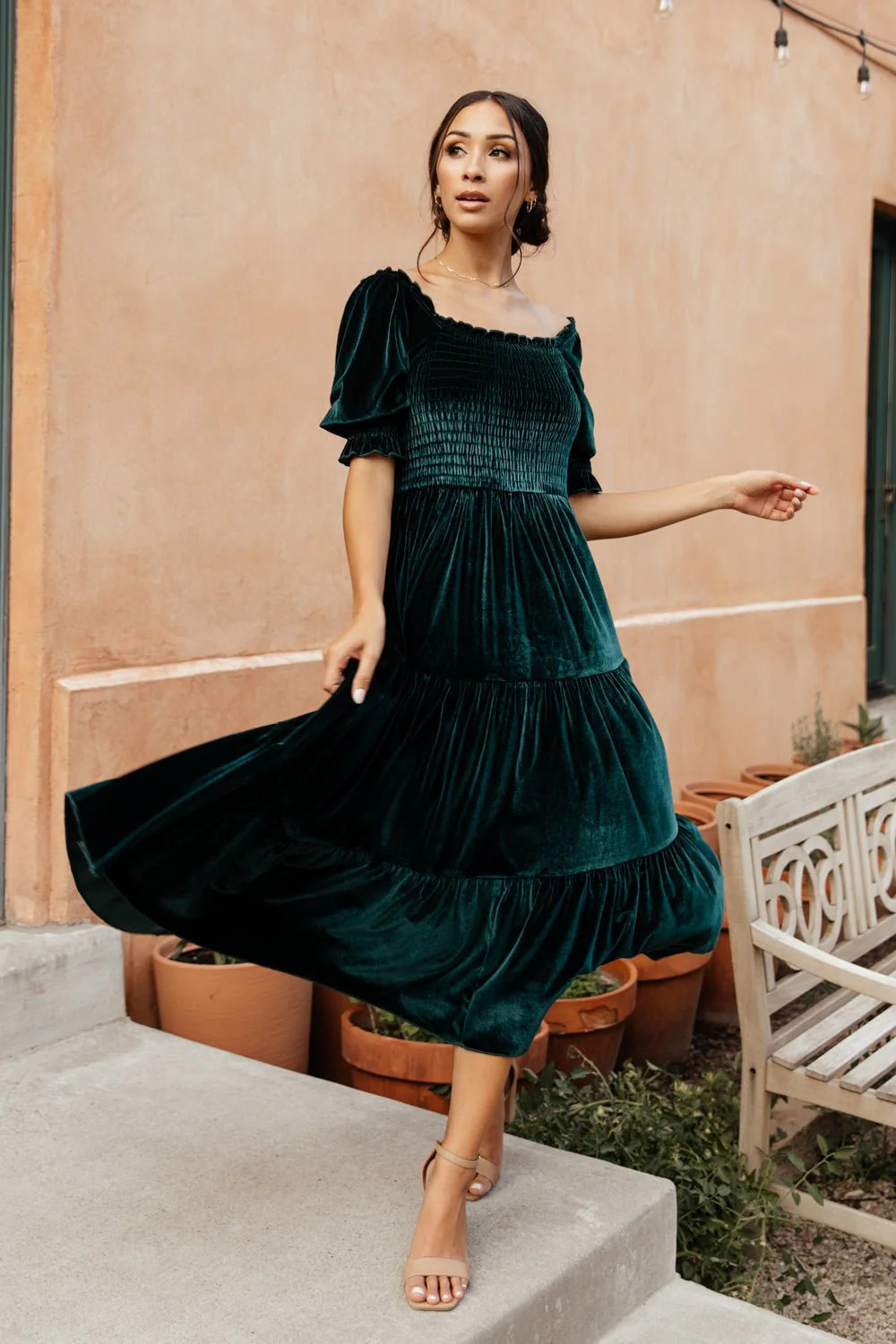 Vivaldi Smocked Velvet Midi Dress | Dark Green | Baltic Born