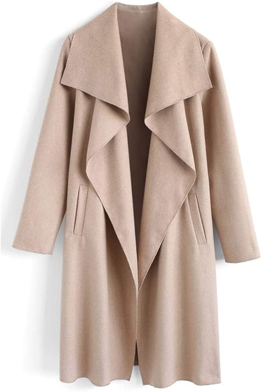Amazon.com: Chicwish Women's Wide lapel Open Front Long Sleeve Sand Beige Wool Blend Trench Coat ... | Amazon (US)