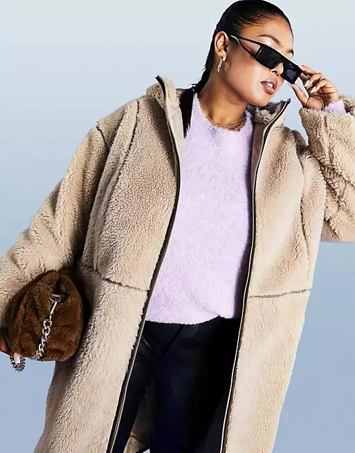 ASOS DESIGN Curve fleece coat with contrast stitching in camel | ASOS (Global)