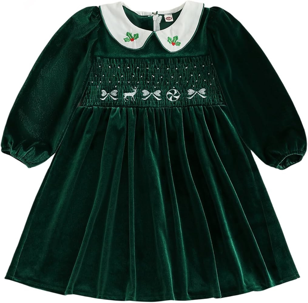 Toddler Girl Christmas Dress Velvet A Line Dress Doll Collar Embroidered Smocked Crew Neck Long S... | Amazon (US)