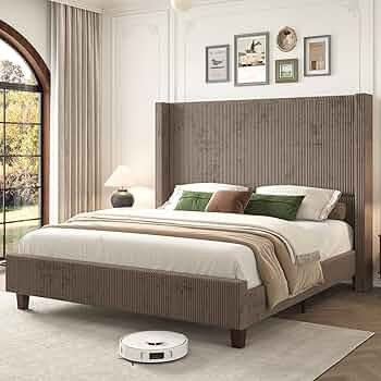 HOWE King Size 61" Corduroy Upholstered Bed Frame, Platform Bed with Vertical Stripe Wingback Hea... | Amazon (US)