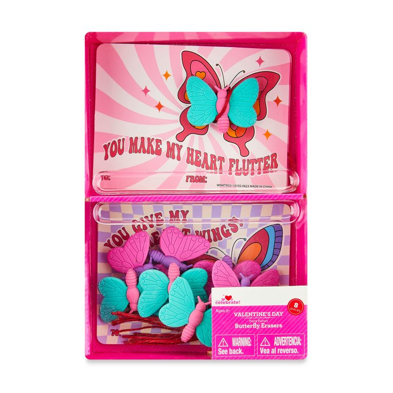 Valentine's Day Multicolor Butterfly Erasers with Greeting Cards, 8 Count, by Way To Celebrate | Walmart (US)