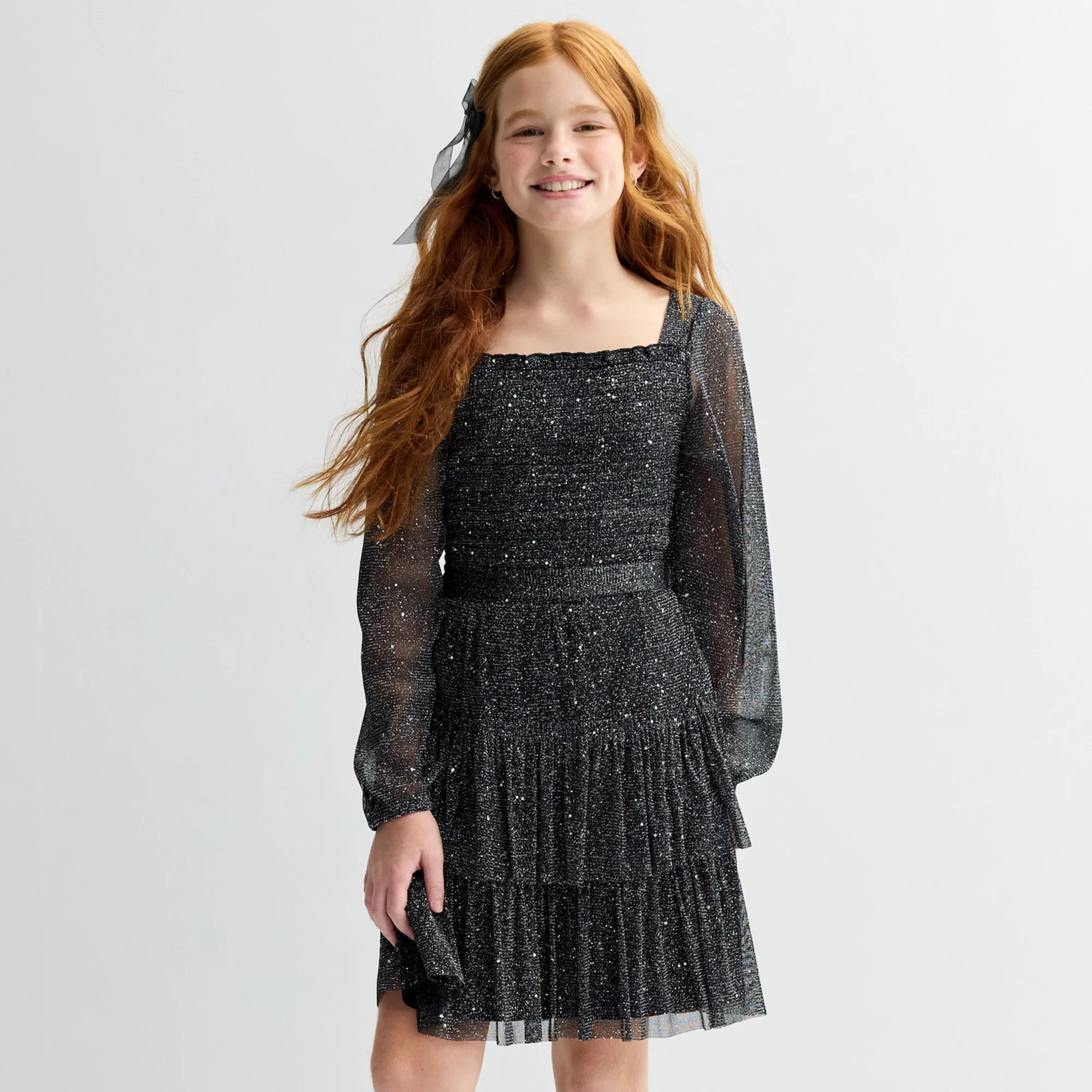 Girls 7-16 Knit Works Tiered Long Sleeve Smocked Bodice Dress & Bow Clip | Kohl's