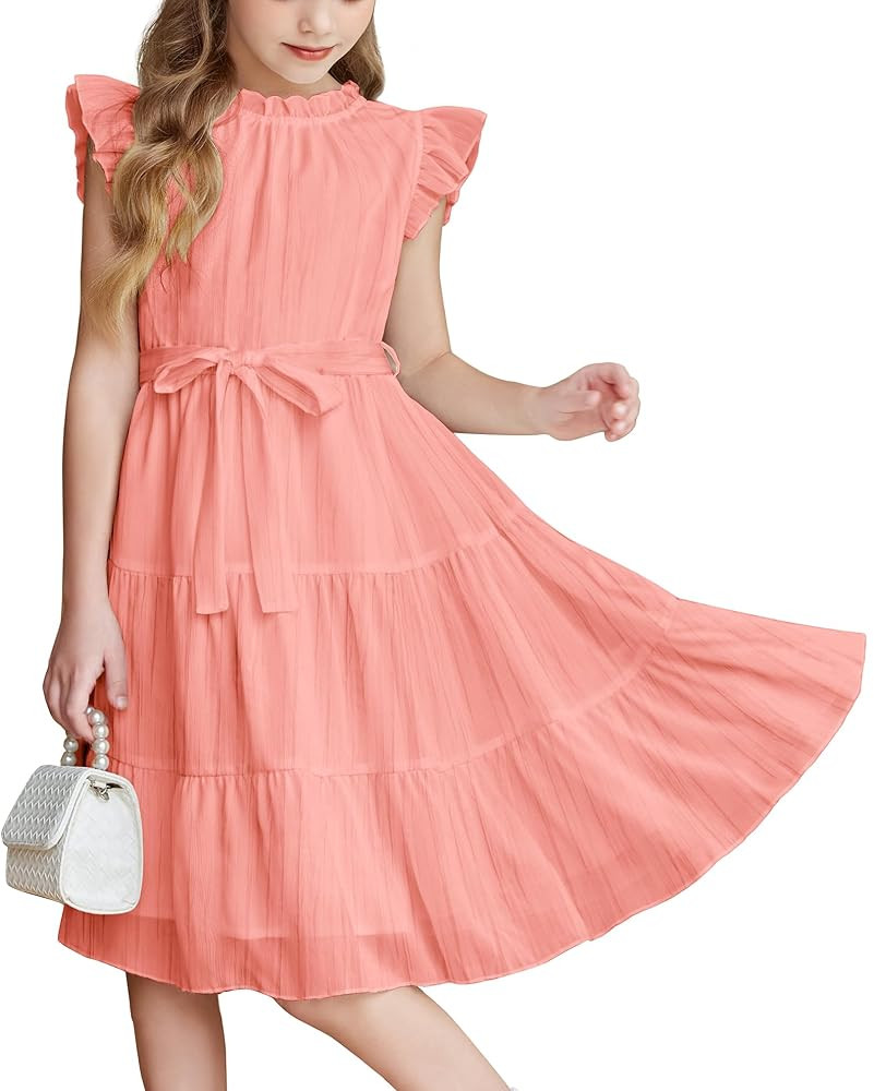 Arshiner Tween Girls Summer Dress Formal Ruffle Sleeve A Line Casual Elegant Dresses with Belt | Amazon (US)