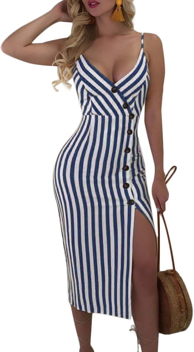 Joteisy Women's Sexy Bodycon Backless Button Down Summer Vacation Spaghetti V Neck Stripe Midi Dr... | Amazon (US)