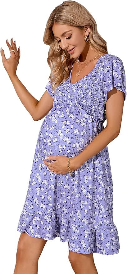 Coolmee Women's Maternity Short Sleeve Ruffle Dress V Neck Summer Casual Smocked Flowy Midi Dress... | Amazon (US)