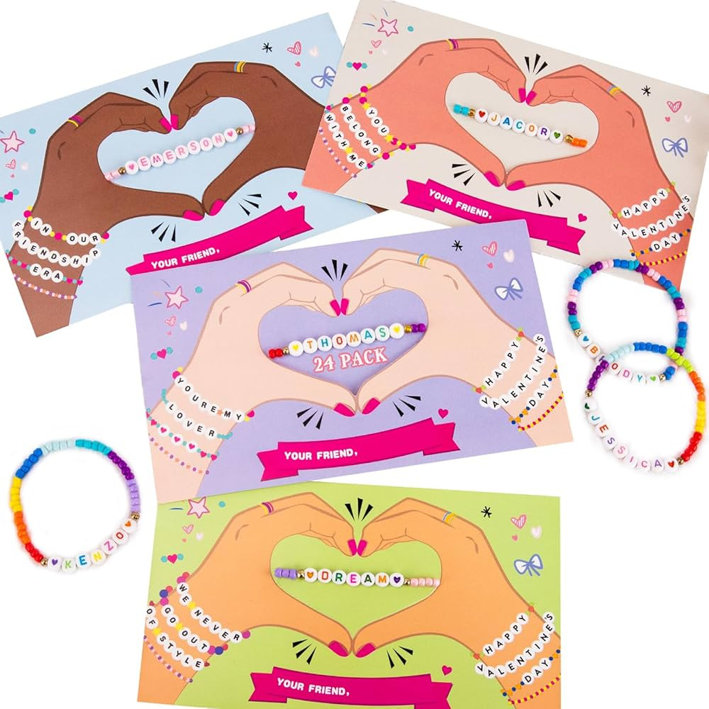Thigreact Valentines Day Gifts for Kids - 24 Pack Valentines Cards with Personalized Name Bracele... | Amazon (US)