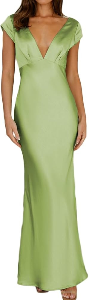 Halfisland Womens Summer Satin V Neck Cap Sleeve Backless Maxi Dress Elegant Twist Cut Out Midi D... | Amazon (US)