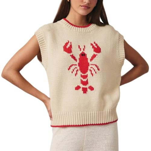 Womens Lobster Knit Vest Crew Neck Cap Sleeve Knit Lobster Sweater Knitted Tank Tops Y2K Coastal ... | Amazon (US)