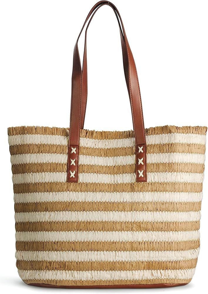 Stripe Woven Straw Tote Women Beach Bag Vegan Shoulder Handbag | Amazon (US)