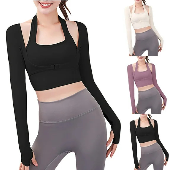 Women's Cut Out Workout Crop Top Long Sleeve Sports Bra Athletic Shirt Built in Bra Yoga Running ... | Walmart (US)