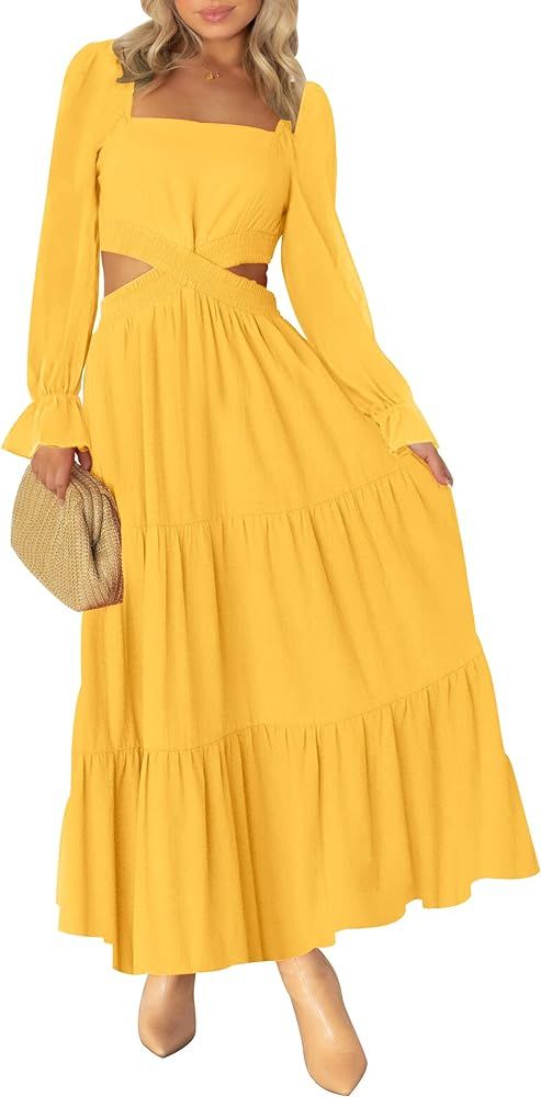 MEROKEETY Women's 2024 Long Sleeve Cutout Maxi Dress Square Neck Crossover Waist Ruffle Tiered Ca... | Amazon (US)