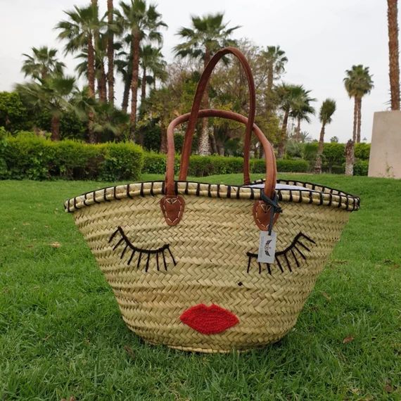 Embroidered Straw Beach Bag With Genuine Leather Handles | Etsy | Etsy (US)