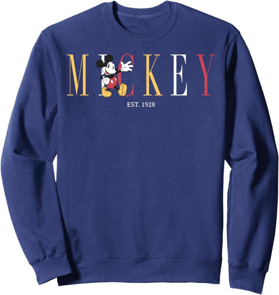 Disney Mickey And Friends Mickey Mouse Est. 1928 Simple Text Sweatshirt,Long Sleeve | Amazon (US)
