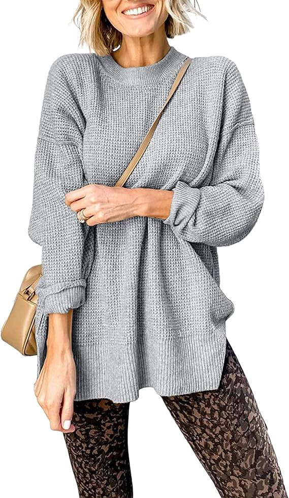 Quenteen Womens Mock Neck Pullover Sweaters Long Sleeve Side Split Waffle Knit Tops | Amazon (US)